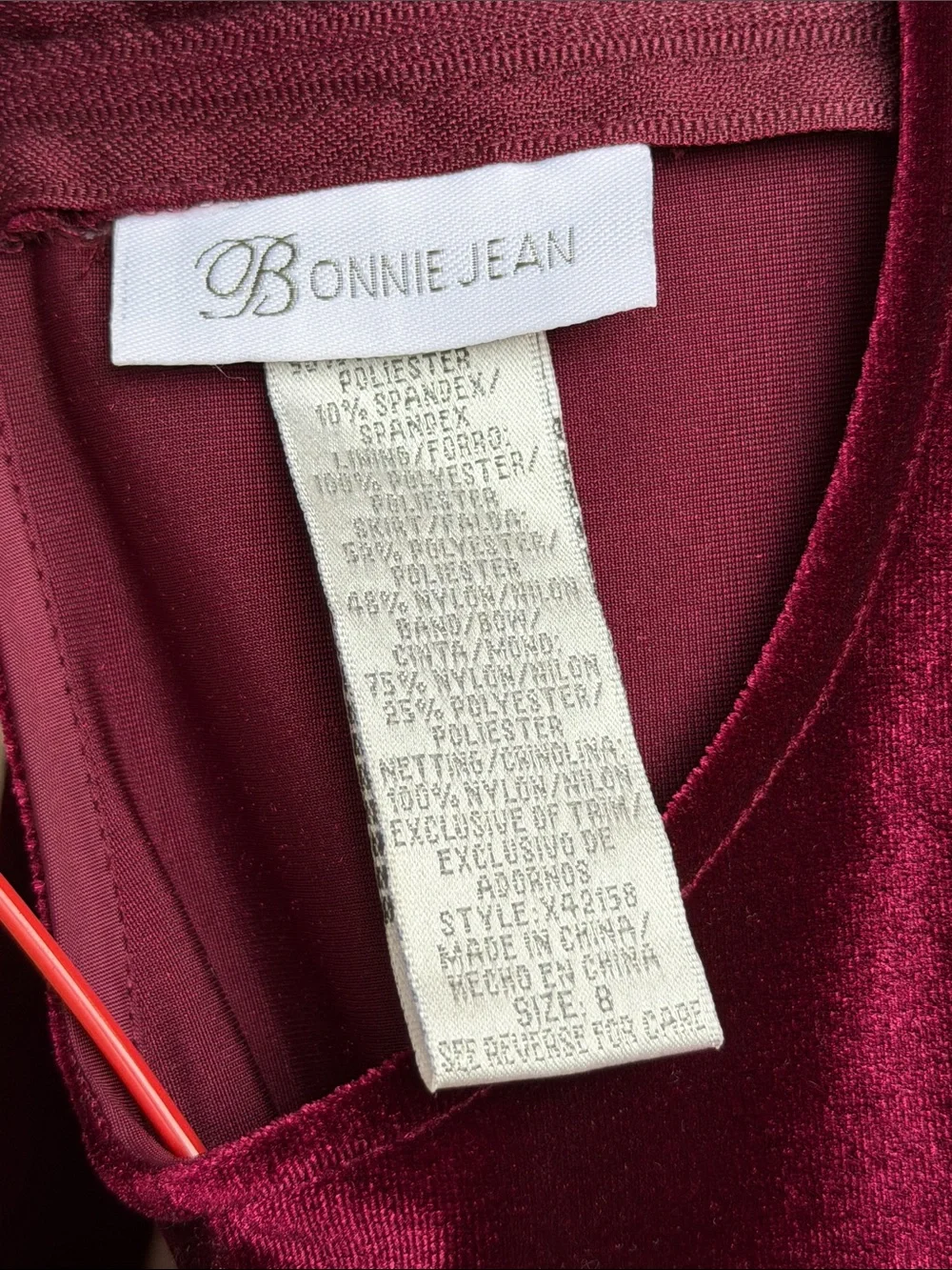 Bonnie Jean Burgundy Velvet Bodice & Pink Satin Floral Dress with Bow